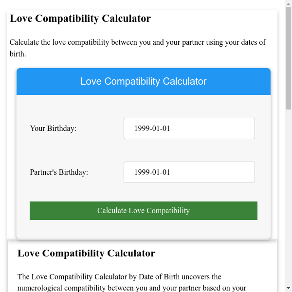 Find Love Sexual Compatibility Calculator by Date of Birth (Quick Test)